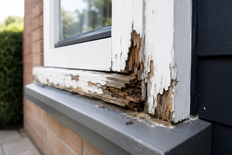 Houtrot in een houten kozijn en onderdorpel van een raam