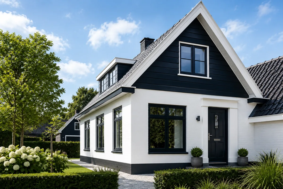 Woning met wit geschilderd metselwerk, donkere gevelbekleding en zwarte kozijnen
