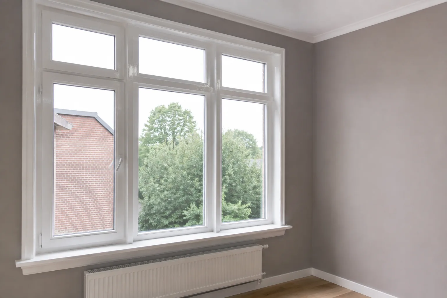 Wit gelakte houten kozijnen en vensterbank in een woning in Assen